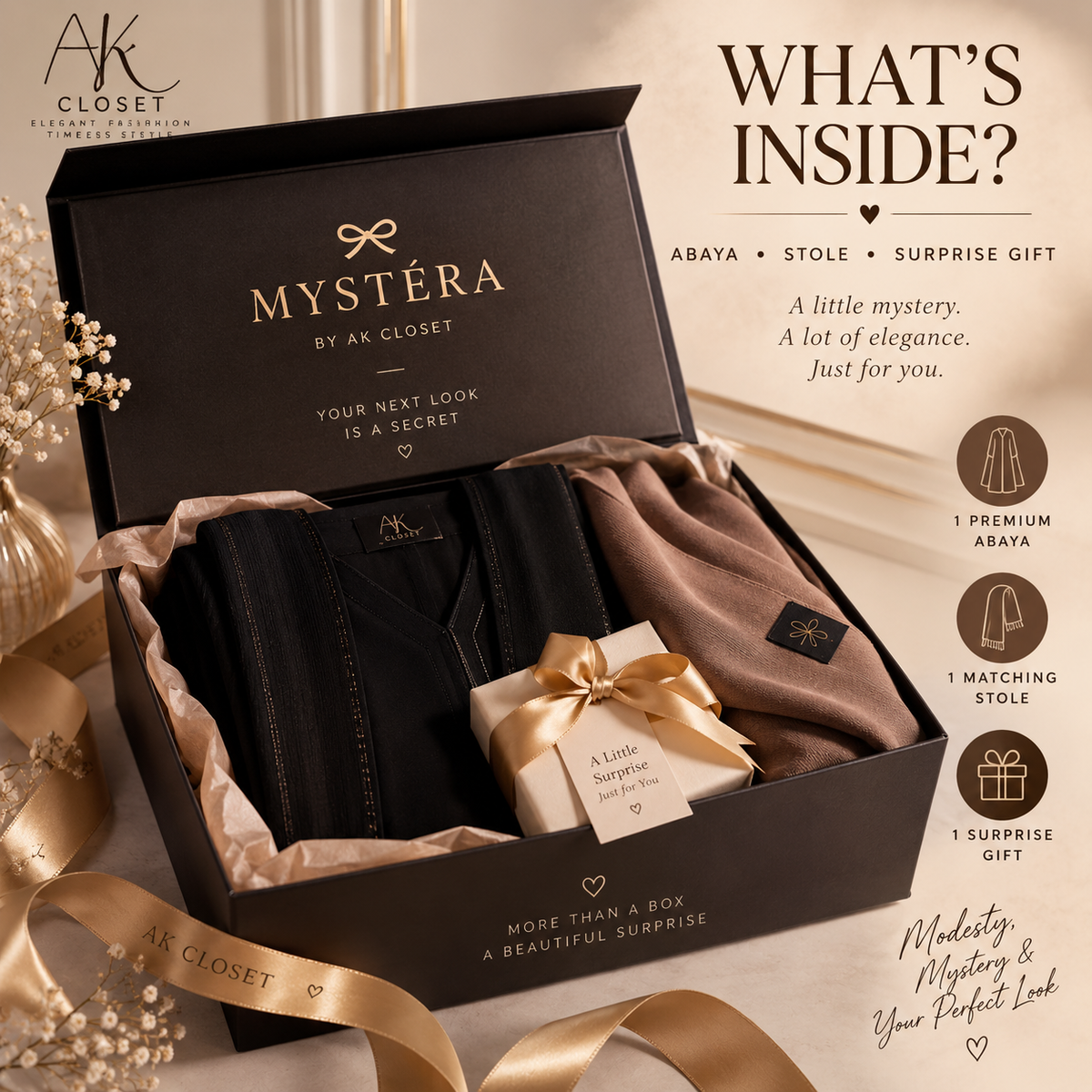 MYSTÉRA Mini Mystery Box showing premium abaya, matching stole and surprise gift by AK Closet