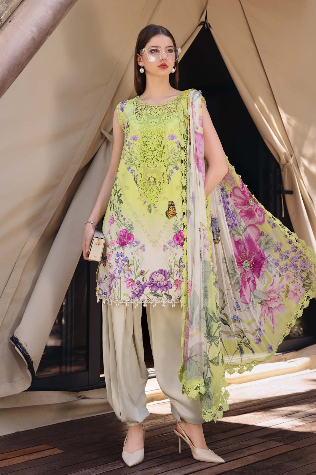 Luxury Lime Green Floral Printed Lawn 3 Piece Suit with Printed Chiffon Dupatta for Women by AK Closet