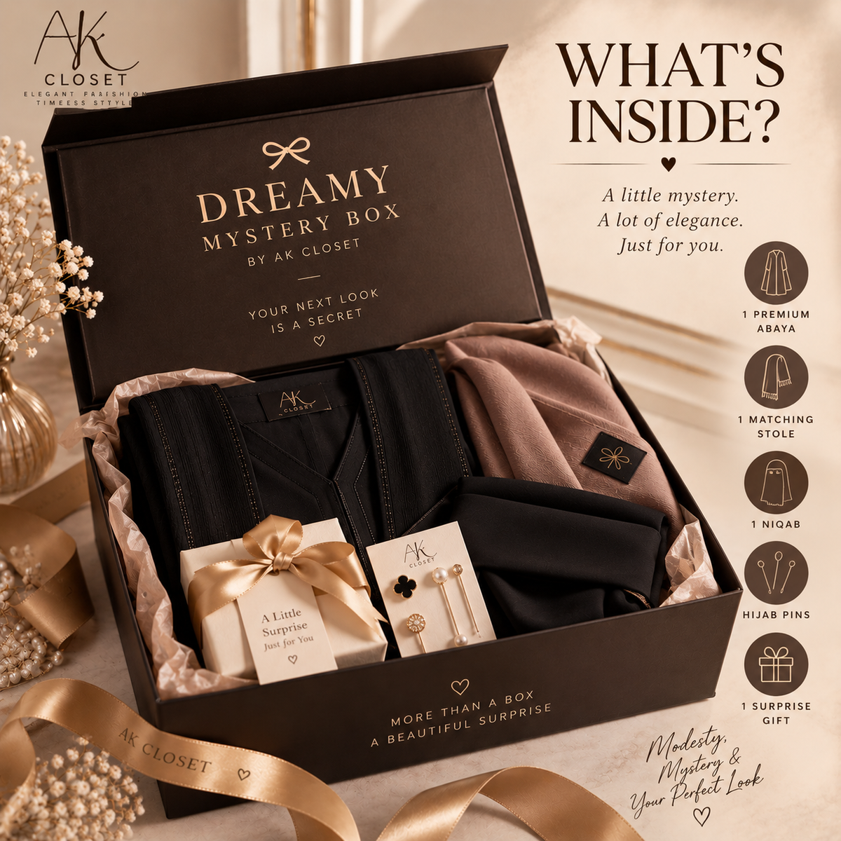 MYSTÉRA Dreamy Mystery Box with abaya, matching stole, niqab, hijab pins and surprise gift by AK Closet