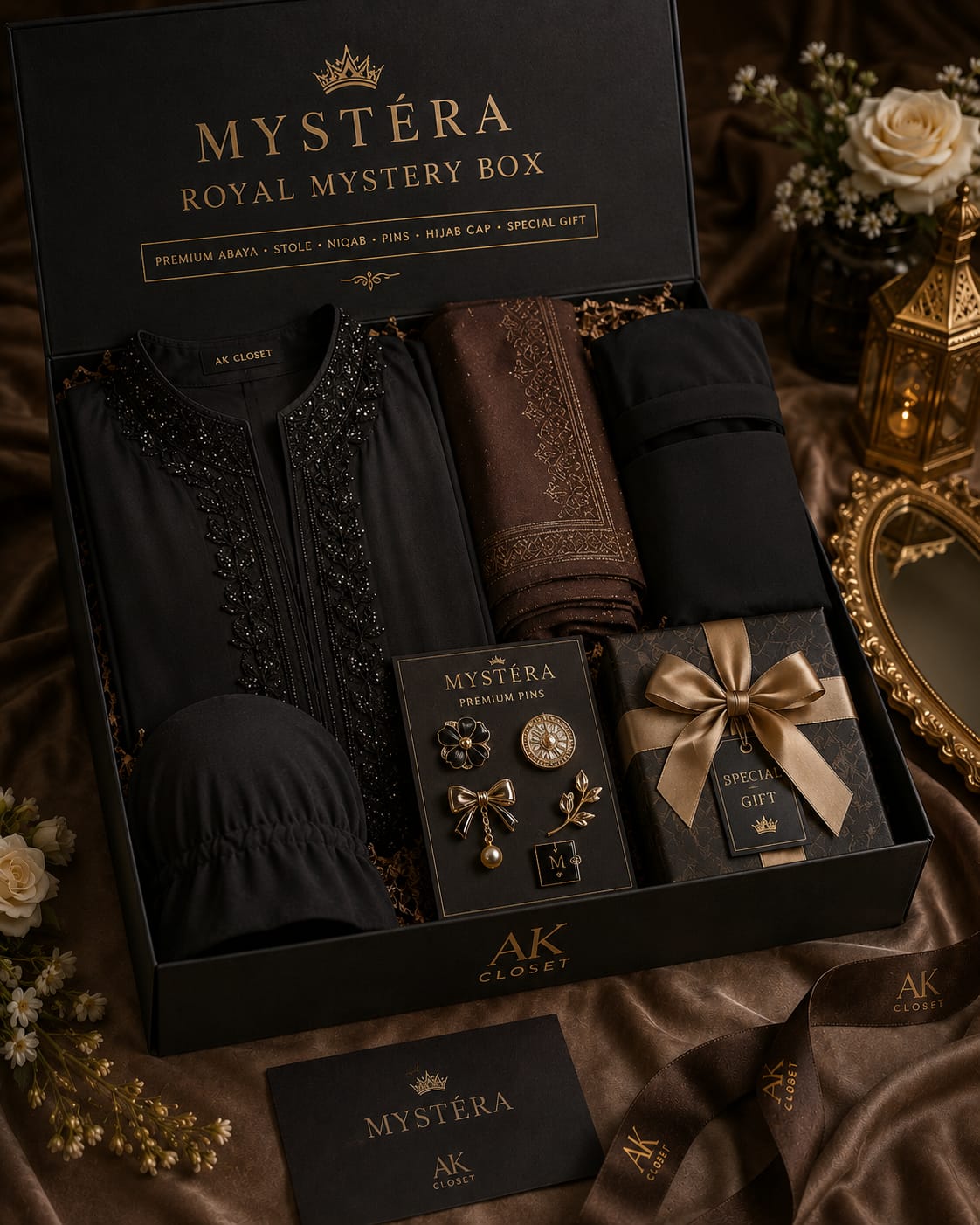 MYSTÉRA Royal Mystery Box by AK Closet featuring premium abaya, matching stole, niqab, modest cap, hijab pins and special gift