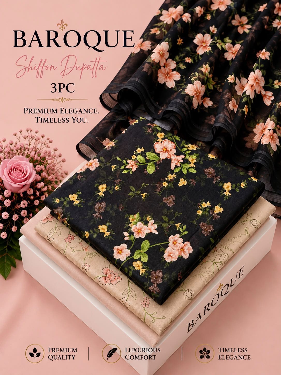 Premium 3 Piece Unstitched Lawn Suit with Printed Chiffon Dupatta in Black Floral Design
