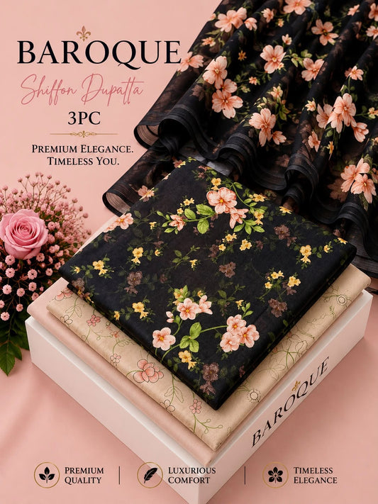 Premium 3 Piece Unstitched Lawn Suit with Printed Chiffon Dupatta in Black Floral Design