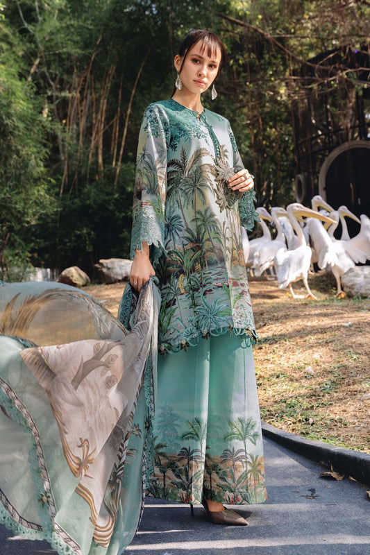 Women's Printed Lawn 3 Piece Suit with Printed Chiffon Dupatta in Green Tropical Digital Print