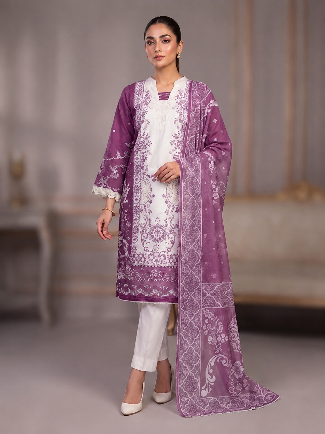Women's Purple Stitched 3 Piece Embroidered Lawn Suit with Embroidered Dupatta by AK Closet