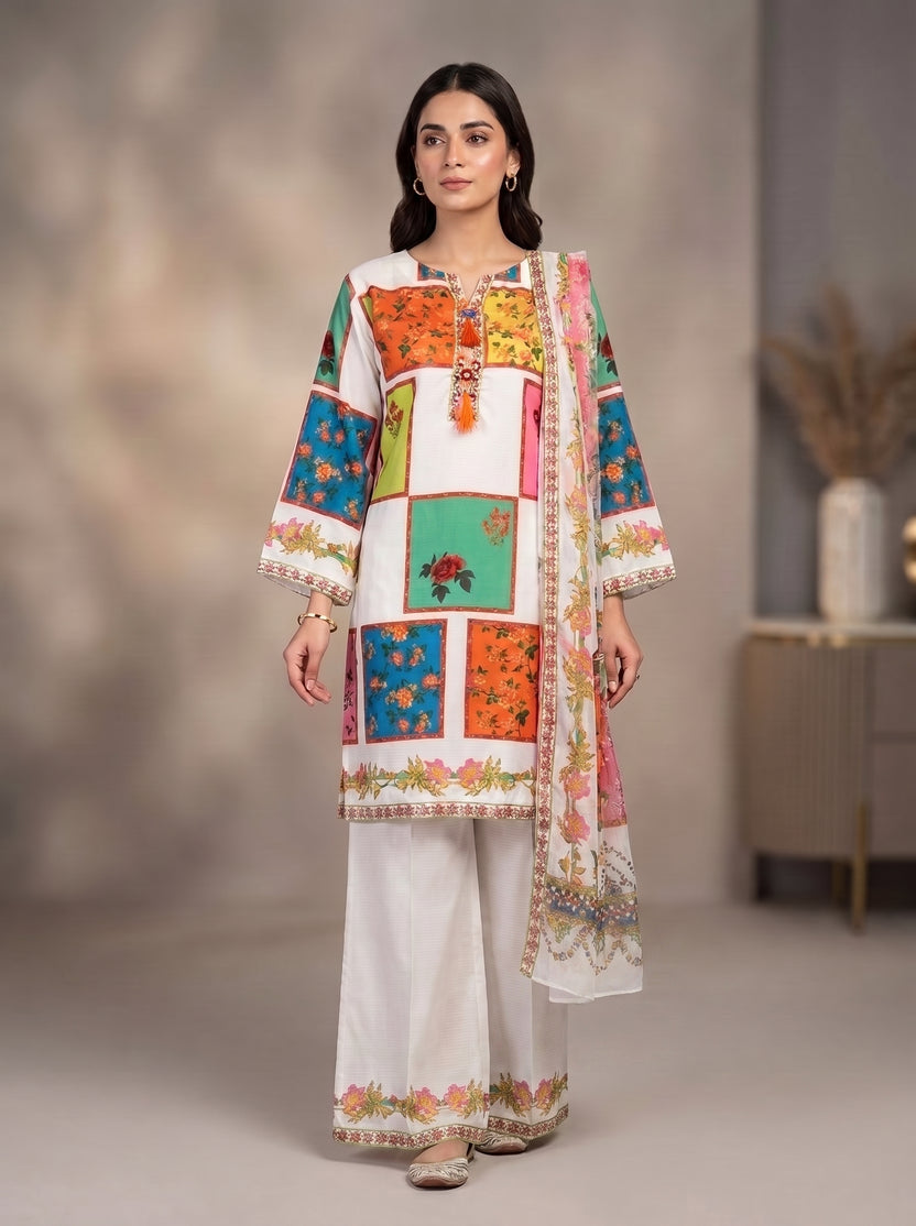 Women's Stitched 3 Piece Printed Lawn Suit with Matching Dupatta in Multicolor