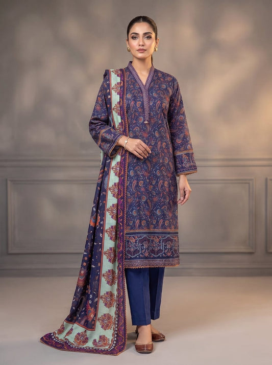 Women's Stitched 3 Piece Navy Blue Printed Lawn Suit with Matching Printed Dupatta
