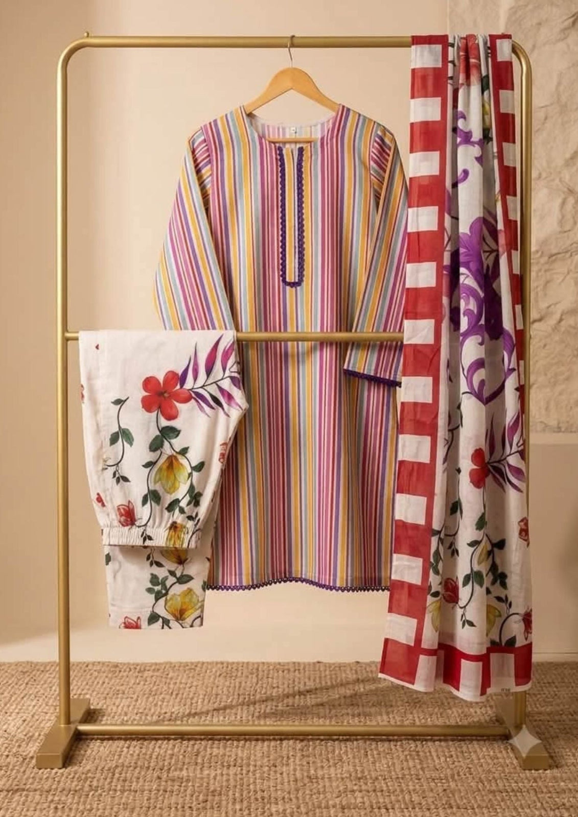Women's Stitched 3 Piece Striped Lawn Suit with Printed Dupatta  Summer Collection